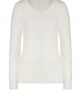 Stylish pullover in fine ecru nylon and angora blend - Cozy and classically chic - Traditional slim cut, hits just below hips - Long sleeves and crew neck - An elegant and versatile staple in any wardrobe - Pair with wide-leg trousers, pencil skirts and denim - Style with scarves and statement jewelry
