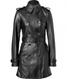 With its ultra soft black lambskin and iconic classic styling, Burberry Brits timeless trench has never felt so luxurious - Small spread collar, epaulettes, long sleeves with belted cuffs, double-breasted front button placket, belted waistline - Tailored silhouette - Pair with urban-cool knitwear and slim-fitting separates