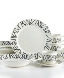 Get in line. Crisscrossed with black, the modern Malawi dinnerware set from Corona offers cool, graphic appeal with every casual meal. Featuring service for four in durable earthenware. Get in line. Crisscrossed with black, the modern Malawi dinnerware set from Corona offers cool, graphic appeal with every casual meal. Featuring service for four in durable earthenware.