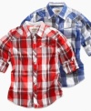 Keep 'em interested. He'll have no problem with popularity in this preppy plaid shirt from Epic Threads.