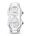 With an sleek mother of pearl frosted face, this super cool 2-dial watch makes a big impression with small proportions.