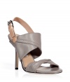 Elegant yet edgy, these taupe sculptural sandals channel of-the-moment style - Peep-toe style with gathered crossover strap over toe, wide strap with back buckle closure and a stiletto heel - Pair with a draped dress, a boyfriend blazer, and an It bag