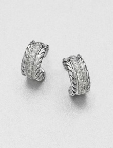 A striking curve of cabled sterling silver, with a center lane of pavé diamonds, gracefully hugs the ear. Diamonds, 0.24 tcw Sterling silver Diameter, about ½ Post back Imported A striking curve of cabled sterling silver, with a center lane of pavé diamonds, gracefully hugs the ear. Diamonds, 0.24 tcw Sterling silver Diameter, about ½ Post back Imported