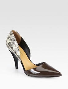 Timeless low-cut pump crafted of genuine snakeskin and leather, heightened by a soft suede heel. Suede-covered heel, 4 (100mm)Snakeskin and leather upperPoint toeGoatskin liningLeather solePadded insoleImported