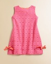 Delicate lace lends feminine charm to this A-line frock with bows for added allure.JewelneckSleevelessBack zipperSide-vented hem with bowCottonMachine washImported