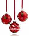 Merry. Festive. Bright. Trimmed with trees and snowflakes, this trio of red ornaments fills your home with holiday joy.