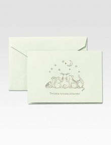 A playful menagerie of animals gaze up at the nighttime sky to lend a wistful tone to these foldover notecards, hand-engraved in gold with a gender-neutral Celadon Kid Finish. Includes 20 notecards with matching envelopes Blank inside High-quality cotton fiber paper Each, 5¾W X 4H Made in USA A playful menagerie of animals gaze up at the nighttime sky to lend a wistful tone to these foldover notecards, hand-engraved in gold with a gender-neutral Celadon Kid Finish. Includes 20 notecards with matching envelopes Blank inside High-quality cotton fiber paper Each, 5¾W X 4H Made in USA