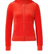 Bring high style to your casual attire with this logo-laden velour hoodie from Juicy Couture - Hooded, front zip closure, long sleeves, split kangaroo pocket, back embroidered logo detail with scarf print, slim fit - Pair with matching pants, slim jeans, or relaxed harem pants