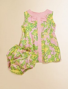 Lively bunnies and flowers adorn this simple silhouette with contrasting trim and matching bloomers.Jewelneck with bowSleevelessBack button closureFully linedCottonMachine washImported Lively bunnies and flowers adorn this simple silhouette with contrasting trim and matching bloomers.Jewelneck with bowSleevelessBack button closureFully linedCottonMachine washImported