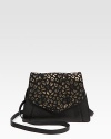 Metallic leopard-print suede highlights the flap of this smooth leather silhouette.Adjustable shoulder strap, 18-20 dropFlap snap closureCotton lining8½W X 6½H X 1½DImported