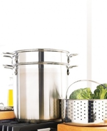 Multi-functional set for preparing soup, pasta, veggies and more. Constructed with a nonreactive stainless steel interior and an aluminum disk bottom. Features riveted, stay-cool handles. Oven safe to 500°. Dishwasher safe; hand wash to maintain luster. Includes a 12-quart stock pot, a pasta insert and a steamer basket. Manufacturer's limited lifetime warranty. Multi-functional set for preparing soup, pasta, veggies and more. Constructed with a nonreactive stainless steel interior and an aluminum disk bottom. Features riveted, stay-cool handles. Oven safe to 500°. Dishwasher safe; hand wash to maintain luster. Includes a 12-quart stock pot, a pasta insert and a steamer basket. Manufacturer's limited lifetime warranty.