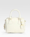 A structured bag, in Saffiano calfskin and finished with goldtone hardware.Double top handles, 6 drop Adjustable shoulder strap, 15½-19½ drop Top zip closure Protective metal feet One inside zip pocket Jacquard lining 10W X 9½H X 5D Made in Italy