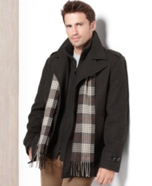 Slip into sophistication with the refined look of this wool-blend pea coat and scarf from London Fog. Slip into sophistication with the refined look of this wool-blend pea coat and scarf from London Fog.