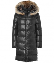 Stay warm while maintaining your impeccable style in this lightweight yet luxe down jacket from Duvetica - Fur-trimmed hood, stand collar, concealed front two-way zip closure, long sleeves, zip pockets, quilted, mid-thigh length - Wear with an elevated jeans-and-tee ensemble and shearling lined boots