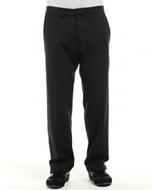 Lightweight stretch, basic wool pants. Flat front straight leg style with zip fly, tab closure. Side slit pockets and back welt pockets. Unlined. Lightweight stretch, basic wool pants. Flat front straight leg style with zip fly, tab closure. Side slit pockets and back welt pockets. Unlined.