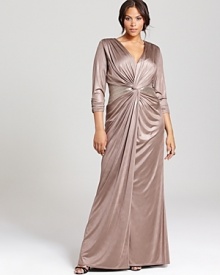 Sequin insets at the waist lend subtle sparkle to this shimmering Tadashi Shoji Plus gown, featuring a knot detail at the bodice for a gorgeously draped silhouette. Sequin insets at the waist lend subtle sparkle to this shimmering Tadashi Shoji Plus gown, featuring a knot detail at the bodice for a gorgeously draped silhouette.