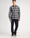 Easy, go-anywhere appeal with contrast checks in lightweight cotton. Buttonfront Cotton Machine wash Imported 