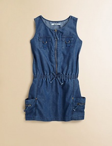 Denim gets a snazzy update in this ultra-cool, lightweight cotton, sleeveless frock with plenty of zippers and pockets.ScoopneckSleevelessFront zipperFront chest pocketsSide besom pockets with zippersElastic waistband with drawstring detailCottonMachine washImported Denim gets a snazzy update in this ultra-cool, lightweight cotton, sleeveless frock with plenty of zippers and pockets.ScoopneckSleevelessFront zipperFront chest pocketsSide besom pockets with zippersElastic waistband with drawstring detailCottonMachine washImported