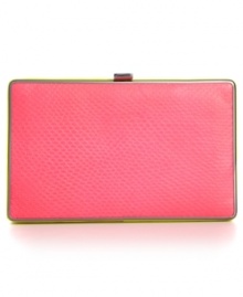 Party-right and bright for night, this luxe little lovely from BCBGMAXAZRIA blends bold color with beautiful embossing. Perfectly-sized to stash evening essentials, it tucks effortlessly under your arm. Party-right and bright for night, this luxe little lovely from BCBGMAXAZRIA blends bold color with beautiful embossing. Perfectly-sized to stash evening essentials, it tucks effortlessly under your arm.