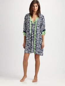 EXCLUSIVELY AT SAKS. Lightweight and summer-ready, a bold geometric print in fresh hues covers this classic silhouette. Cross-over frontThree-quarter kimono sleevesContrast trim at neckline and cuffsSelf-tie waistAbout 36 from shoulder to hemPolyesterMachine washImported EXCLUSIVELY AT SAKS. Lightweight and summer-ready, a bold geometric print in fresh hues covers this classic silhouette. Cross-over frontThree-quarter kimono sleevesContrast trim at neckline and cuffsSelf-tie waistAbout 36 from shoulder to hemPolyesterMachine washImported