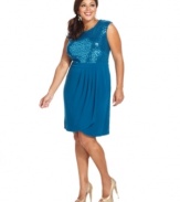 Land a holiday party-perfect look with Spense's sleeveless plus size dress, featuring a sequined top and wrap skirt.