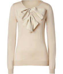 Finish your tailored looks on a feminine note with Moschinos oversized bow embellished pullover - Round neckline, long sleeves, fine ribbed trim - Fitted - Wear with a pencil skirt and flawless platform pumps