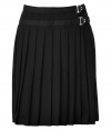 School-girl cool gets a chic modern update in Burberry Brits jet black pleated wool blend skirt - Wrapped kilt style, side buckle closures, slightly flared - Pair with blazers and pumps for work, or play-up collegiate style with a button-down and brogues