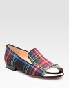 Metal toe cap and chain trim embolden this classic tartan-print design. Tartan cotton upper Leather lining Signature red leather sole Padded insole Made in Italy