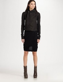 Matte calfskin leather, in a minimal, asymmetrical style accented by signature wool sleeve panels.Attached hoodConcealed asymmetrical zip frontWool panels on sleevesFully linedAbout 20 from shoulder to hem90% leather/10% woolDry cleanMade in Italy of imported fabricModel shown is 5'11 (180cm) wearing US size 4. Matte calfskin leather, in a minimal, asymmetrical style accented by signature wool sleeve panels.Attached hoodConcealed asymmetrical zip frontWool panels on sleevesFully linedAbout 20 from shoulder to hem90% leather/10% woolDry cleanMade in Italy of imported fabricModel shown is 5'11 (180cm) wearing US size 4.