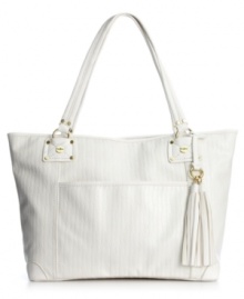 Going places? Be sure to bring along this spacious Mark Fisher tote that'll take you from workday to weekend in style. Subtle woven pattern, shiny gold-tone hardware and flirty tassels lend distinctive detail to the design, while pockets and chain hook organize the interior. Going places? Be sure to bring along this spacious Mark Fisher tote that'll take you from workday to weekend in style. Subtle woven pattern, shiny gold-tone hardware and flirty tassels lend distinctive detail to the design, while pockets and chain hook organize the interior.