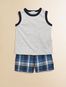 Crafted in plush cotton, this handsome man's little set is mad for plaid shorts and topped with a contrasting trimmed knit.CrewneckSleevelessPullover styleElastic waistCottonMachine washImported