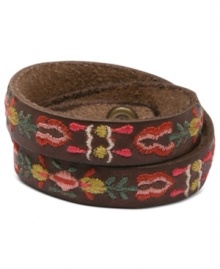 Rustic sophistication, by Lucky Brand. This rich leather bracelet features a wrap silhouette, embroidered with colorful stitching. Crafted in brown leather. Approximate length: 16 inches.