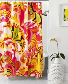 Bold and beautiful. Trina Turk makes a statement with this trendy Coachella shower curtain, featuring a fabulous oversized print in signature Trina colors. Pair with coordinating comforter sets for the bedroom. Bold and beautiful. Trina Turk makes a statement with this trendy Coachella shower curtain, featuring a fabulous oversized print in signature Trina colors. Pair with coordinating comforter sets for the bedroom.
