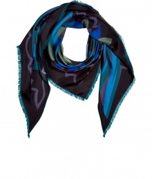 Add a rich pop of graphic color to any ensemble with Puccis turquoise and petrol silk scarf - Cool and eye-catching in shades of blue, purple and green in a quintessentially Pucci geometric print - - Moderately long and wide triangular style, with delicate fringe detail at hem - Pair with everything from a t-shirt and leather jacket or a cashmere pullover to a solid knit dress and blazer Add a rich pop of graphic color to any ensemble with Puccis turquoise and petrol silk scarf - Cool and eye-catching in shades of blue, purple and green in a quintessentially Pucci geometric print - - Moderately long and wide triangular style, with delicate fringe detail at hem - Pair with everything from a t-shirt and leather jacket or a cashmere pullover to a solid knit dress and blazer