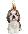 Just begging for a home, this Shih Tzu ornament has puppy dog eyes and a beautiful brown and white coat in hand-painted glass by Joy to the World.