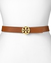 In rich leather and detailed with a logo buckle, this slim belt from Tory Burch is an effortless way to amp up jeans or turn a simple sheath into something shapely.