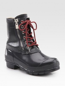 Rustic leather and rubber combo with a lace-up front and unique outer zipper. Rubber heel, 1 (25mm)Rubber and leather upperSide zipperPolyester liningRubber solePadded insoleImported