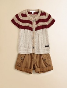 Rendered in a classic crochet design, this cozy, stylish knit with bold touches of color is extra special.ScoopneckShort sleevesButton frontCottonDry cleanImported Please note: number of buttons may vary depending on size ordered. Rendered in a classic crochet design, this cozy, stylish knit with bold touches of color is extra special.ScoopneckShort sleevesButton frontCottonDry cleanImported Please note: number of buttons may vary depending on size ordered.