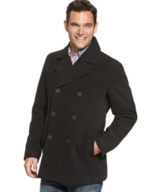 Warm up your cold-weather wardrobe with streamlined, sophisticated design of Kenneth Cole's classic button-front men's pea coat in plush wool.