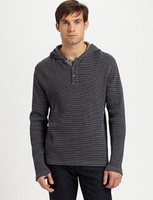 Essential for weekend wear, combine this striped, waffle-knit polo over your favorite t-shirt and denim combo for an effortlessly, stylish look.Three-button placketAttached hoodCottonHand washImported Essential for weekend wear, combine this striped, waffle-knit polo over your favorite t-shirt and denim combo for an effortlessly, stylish look.Three-button placketAttached hoodCottonHand washImported