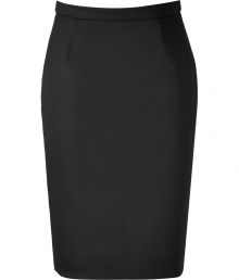 Elegant pencil skirt made ​.​.from a fine virgin wool stretch - In ever popular, always looks great black - Classic, figure-flattering pencil cut - A business skirt par excellence to wear in the office, agency - Slim and about knee length - Pair with tie blouses and delicate cashmere pullovers, blazers, twin sets, pumps, mules