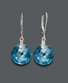 Make a vibrant statement with earrings as blue as the Caribbean. Large blue topaz gemstones (11 ct. t.w.) are accented with diamonds and set in 14k white gold. Approximate drop: 1 inch.