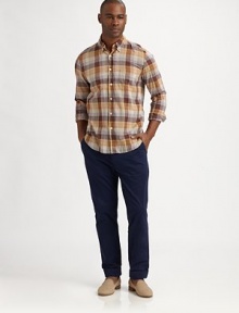 True cotton classic in a rich plaid with button-down collar.Chest pocketLong sleevesButton cuffsBack yoke and pleat detailAbout 29¼ from shoulder to hemCottonMachine washMade in USA of imported fabric True cotton classic in a rich plaid with button-down collar.Chest pocketLong sleevesButton cuffsBack yoke and pleat detailAbout 29¼ from shoulder to hemCottonMachine washMade in USA of imported fabric