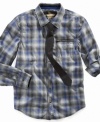 Preppy and cool. He'll adore this plaid shirt from Epic Threads with or without the tie.