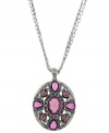 Vibrant in violet. A rich purple hue sets apart this oval-shaped pendant necklace from Monet. Combining vintage inspiration with ornate design, it's a striking style that will stand out in your jewelry collection. Set in silver tone mixed metal with acrylic accents. Approximate length: 32 inches. Approximate drop: 1-1/2 inches.