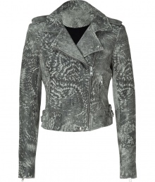 Luxe jacket in pure, supple grey and white patterned lambskin - Chic, curve-hugging moto cut crops at hips - Offset zipper closure, long sleeves and wide lapels - Epaulets and zip and flap pockets - A sexy, feminine spin on a slick, masculine staple - Ultra-versatile style works day or evening - Pair with just about anything in your wardrobe, from pencil skirts and skinny jeans to suit trousers and boho dresses Luxe jacket in pure, supple grey and white patterned lambskin - Chic, curve-hugging moto cut crops at hips - Offset zipper closure, long sleeves and wide lapels - Epaulets and zip and flap pockets - A sexy, feminine spin on a slick, masculine staple - Ultra-versatile style works day or evening - Pair with just about anything in your wardrobe, from pencil skirts and skinny jeans to suit trousers and boho dresses