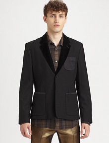 A formal wear essential with everyday style defines this tuxedo-inspired blazer, woven in a luxurious blend of wool and cotton with velvet collar and pocket detail.Button-frontChest, waist patch pocketsRear vent70% wool/30% cottonDry cleanMade in USA