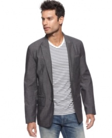 Take your boardroom style down a notch with this casually cool blazer from Marc Ecko Cut & Sew. Take your boardroom style down a notch with this casually cool blazer from Marc Ecko Cut & Sew.
