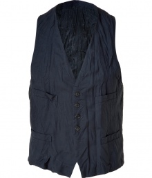 The classic vest gets an edgy-cool update with a distressed crinkled look and a slim, modern fit - Four-button placket, two chest and two waist slit pockets, adjustable back belt - Style with a clean button down, slim trousers, and lace-up dress shoes The classic vest gets an edgy-cool update with a distressed crinkled look and a slim, modern fit - Four-button placket, two chest and two waist slit pockets, adjustable back belt - Style with a clean button down, slim trousers, and lace-up dress shoes