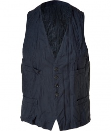 The classic vest gets an edgy-cool update with a distressed crinkled look and a slim, modern fit - Four-button placket, two chest and two waist slit pockets, adjustable back belt - Style with a clean button down, slim trousers, and lace-up dress shoes